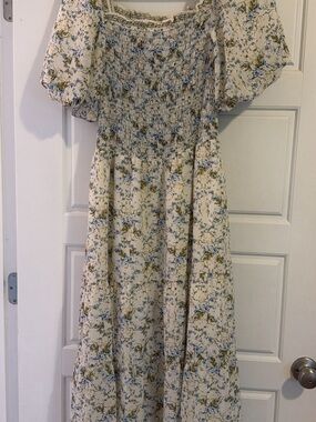 Max Studio Cream Floral Smocked Dress with Blue and Olive Print